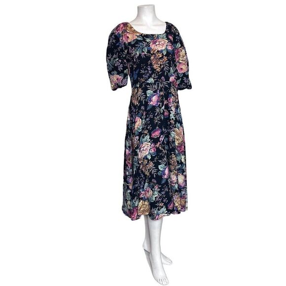 VTG 90s PASSPORTS PIER 1 IMPORTS Midi Rayon Dress L Floral Print Cottagecore - Picture 1 of 10
